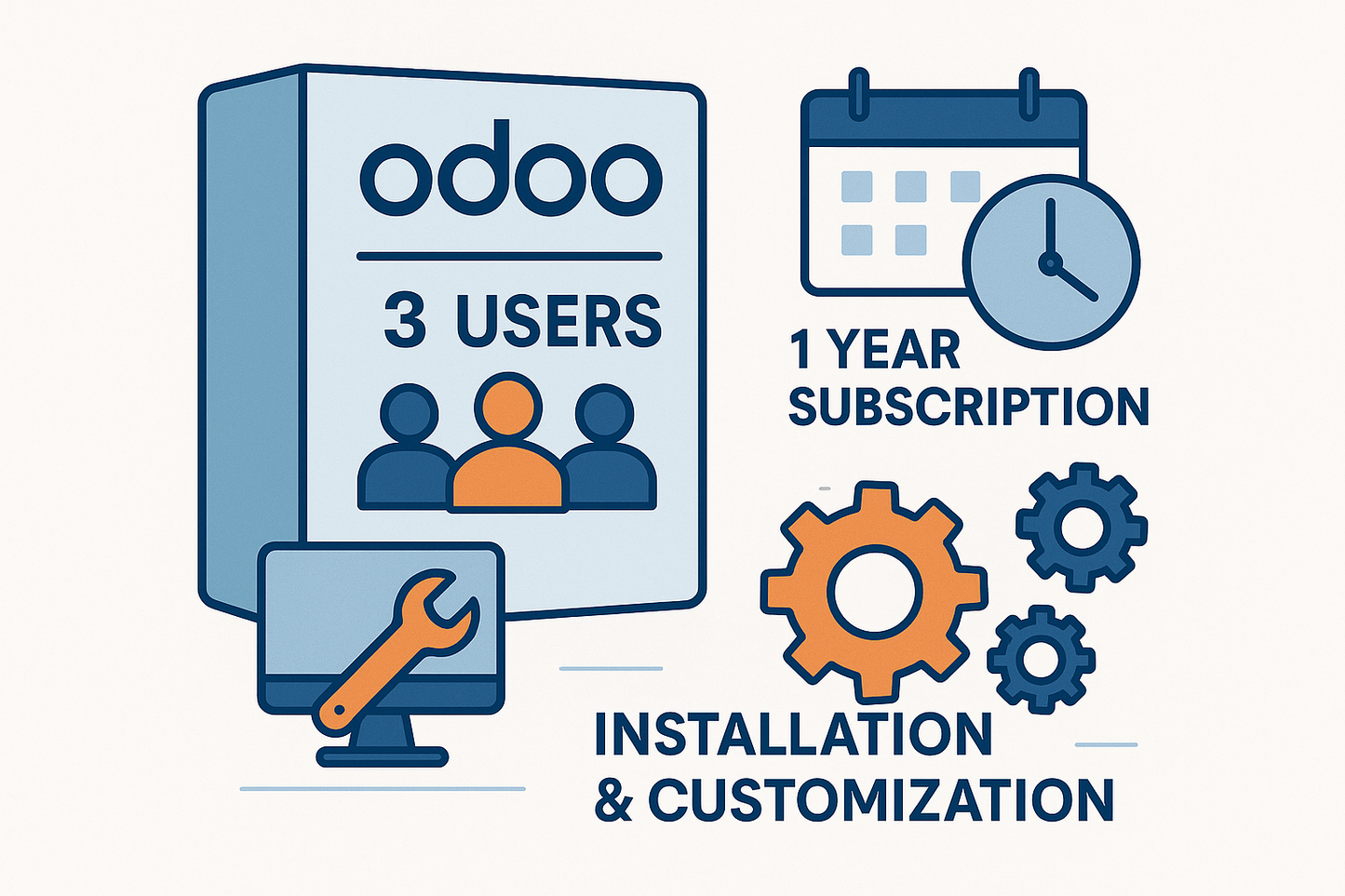 Odoo installation and customization package supports 3 users with a one-year subscription